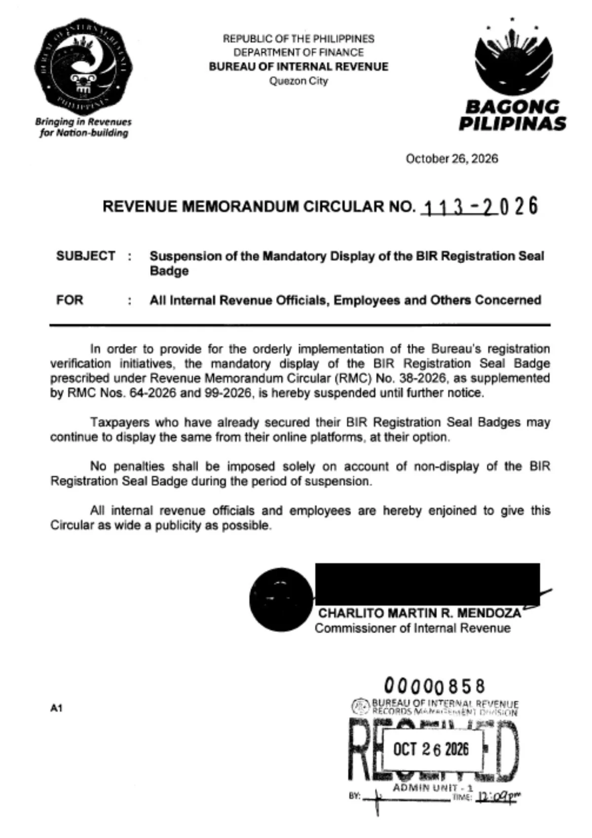 BIR Suspends Online Registration Seal Badge Display Requirement Until Further Notice