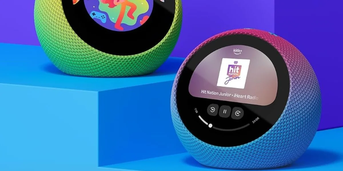 A group of round colorful speakers