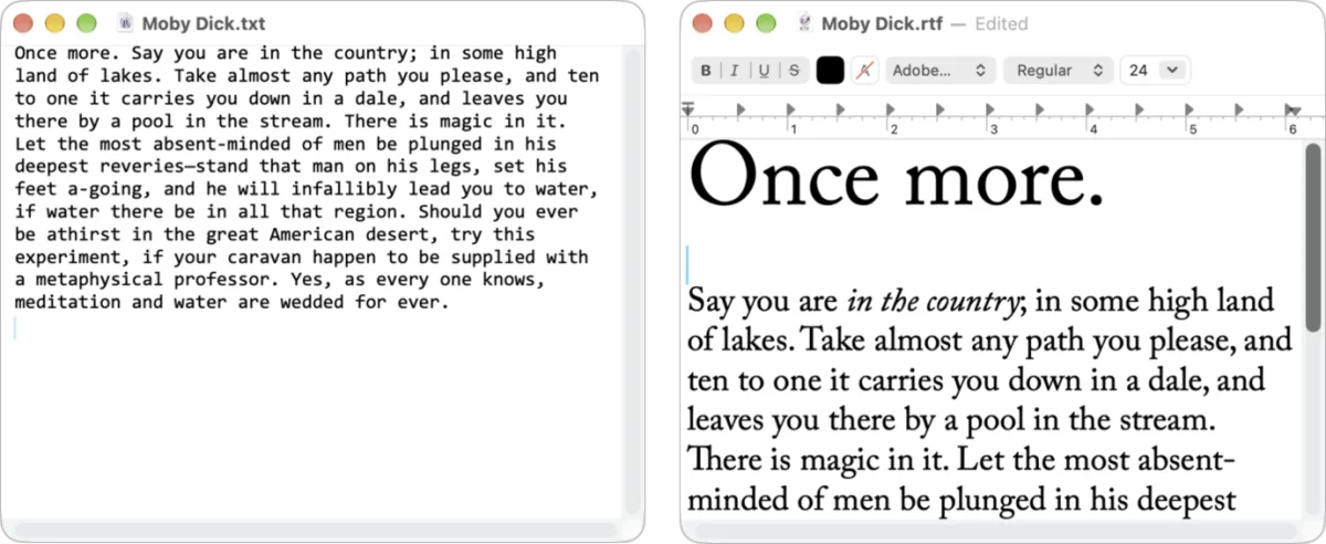 A side-by-side comparison of a plain text file and a formatted RTF file of the opening lines of Moby Dick in TextEdit.