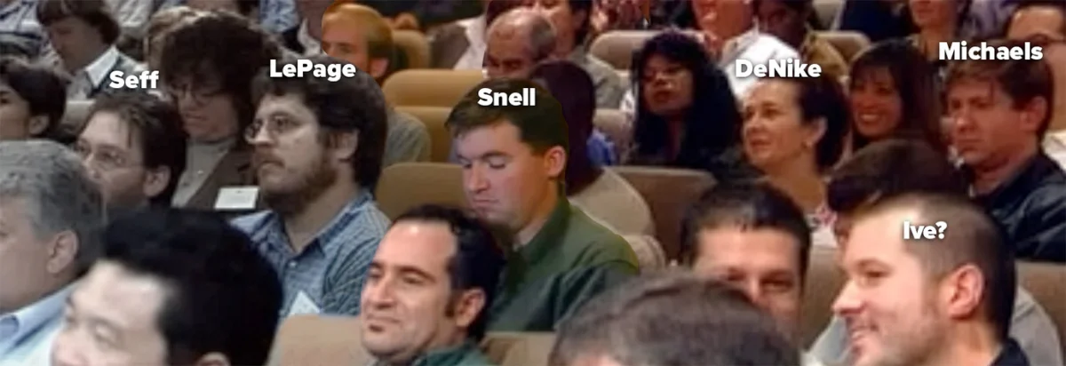 A grainy crowd shot of seated audience members in an auditorium, with white text labels over several faces reading Seff, LePage, Snell, DeNike, Michaels, and "Ive?" with a question mark.