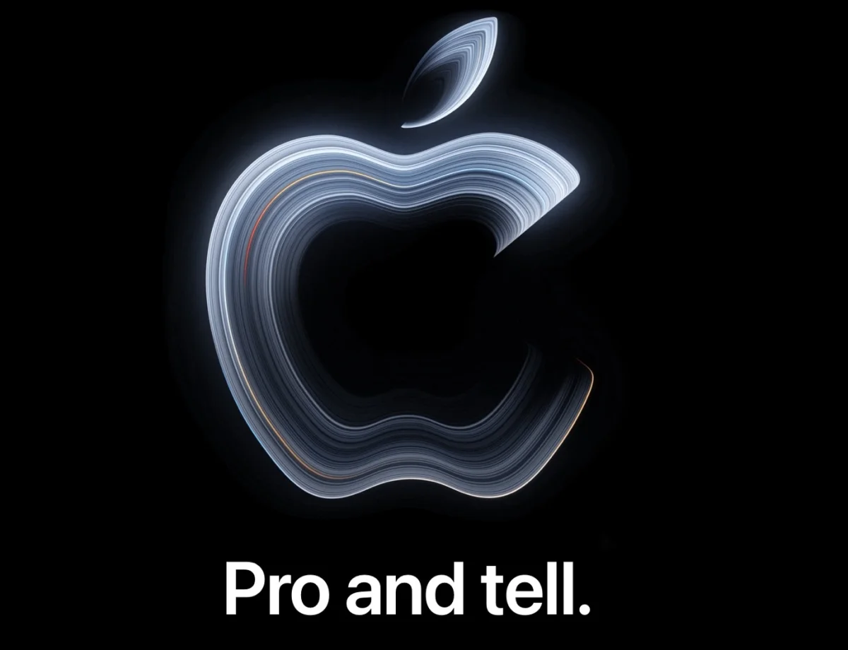 Apple's event invitation graphic: a glowing Apple logo rendered in swirling, silvery light streaks with orange and blue accents on a black background, above the white text "Pro and tell."