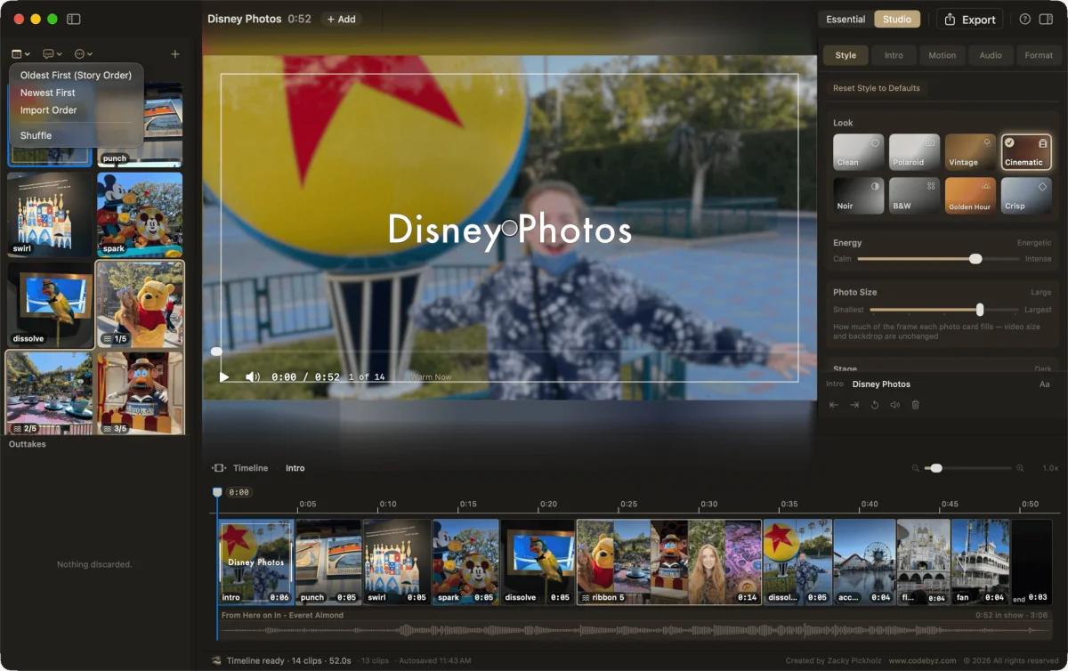 Screenshot of a video editing app showing a 'Disney Photos' project: a preview with title text over a Pixar ball photo, a Look panel (Clean, Polaroid, Vintage, Cinematic, Noir, B&W, Golden Hour, Crisp), photo thumbnails at left, and a timeline of 14 clips below.