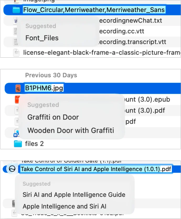 A composite image showing three macOS file renaming popups with suggested names like