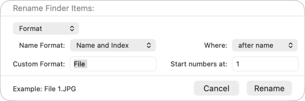 macOS Rename Finder Items dialog box set to