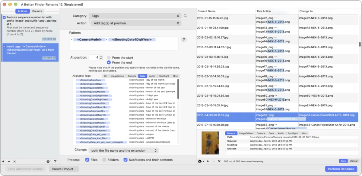 Screenshot of A Better Finder Rename 12 showing a file list and configuration panel for inserting camera model and shooting date tags into image filenames.