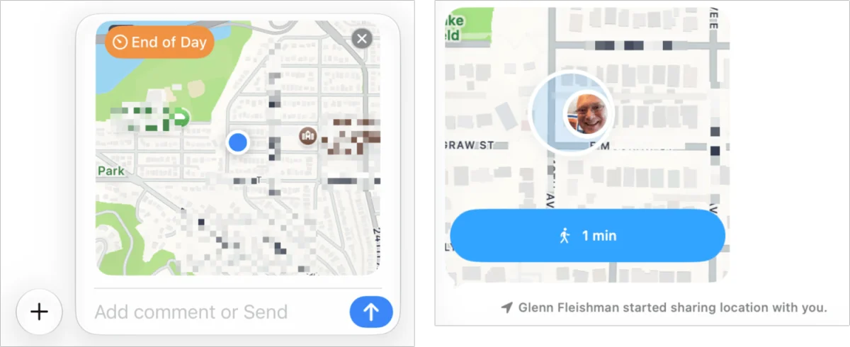 Two screenshots, side by side, showing Location sharing in Messages: left, the person sharing (details blurred for privacy); right, the shared location as it appears on the receiver's side.