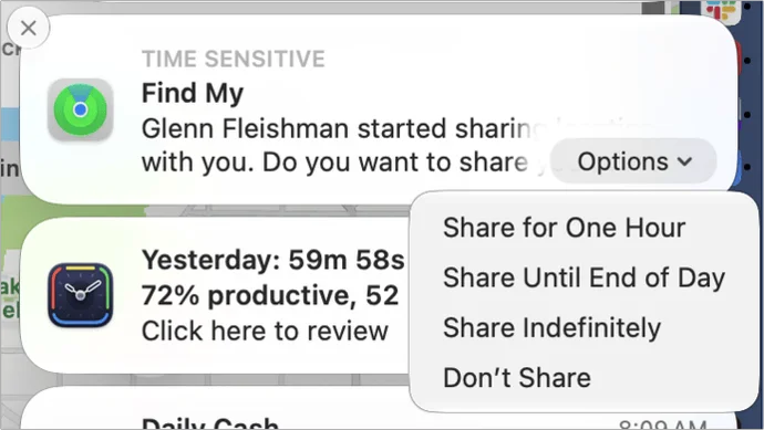 Notification in macOS showing Find My offering suggesting you reciprocate in sharing your location after someone has shared theirs.