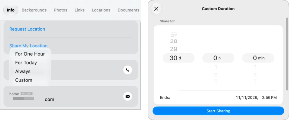 Side by side screenshots: left, the duration you can share a location as a popup menu in Location's Info pane in Messages; right, the maximum 30 day duration for a custom length.
