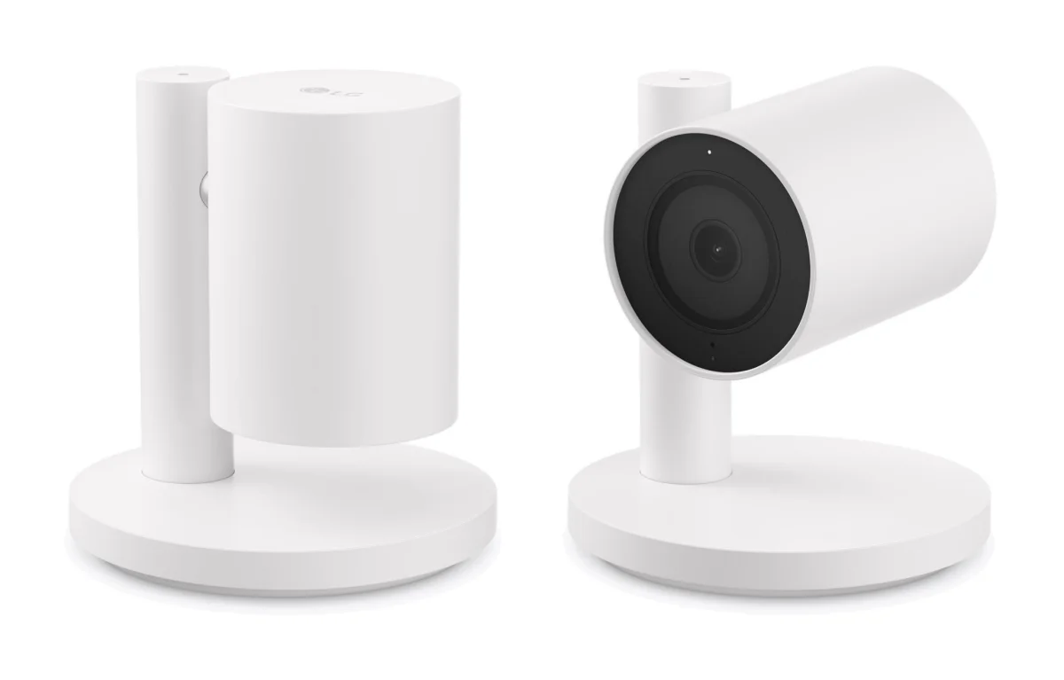 Two views of a white LG webcam on a round base with a vertical post. On the left, the cylindrical camera body faces away with an LG logo on top; on the right, it is tilted forward showing a black lens.