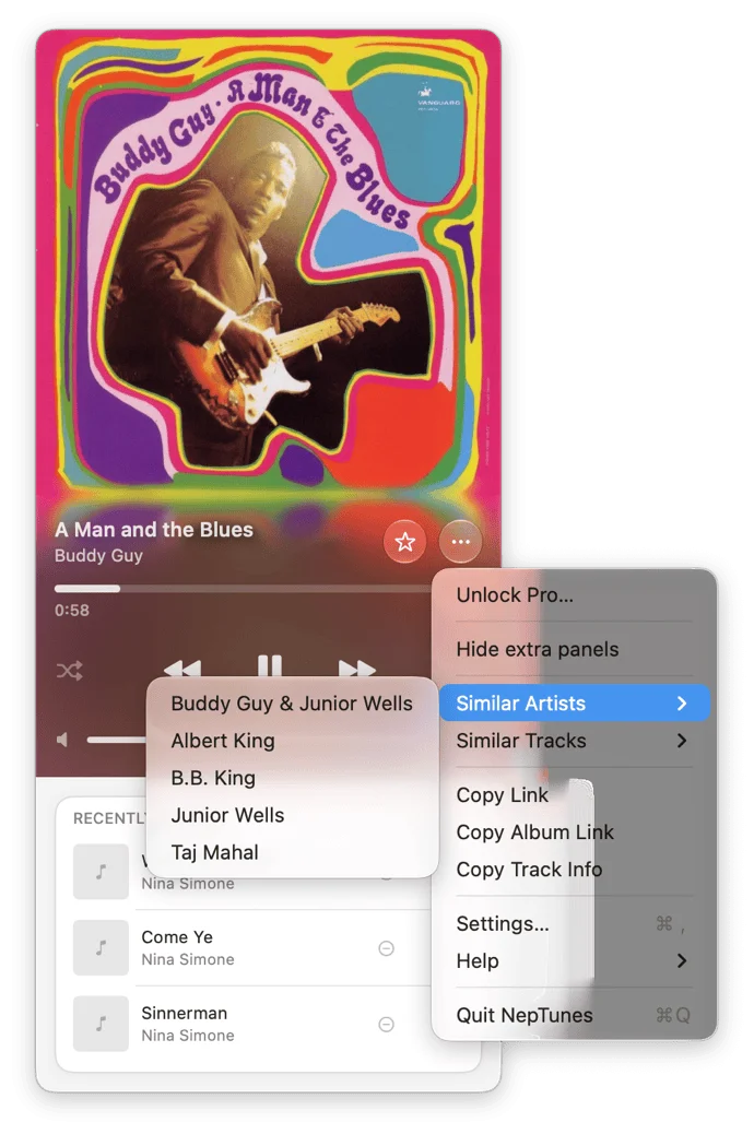 NepTunes music player on Mac showing Buddy Guy's album "A Man and the Blues" at 0:58. A menu is open with Similar Artists highlighted, listing Buddy Guy & Junior Wells, Albert King, B.B. King, Junior Wells, and Taj Mahal.