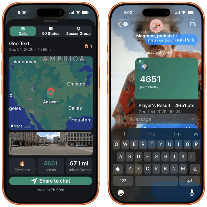 Two iPhones: left shows Geo Text app with US map, answer marker, 4651 points, 67.1 mi; right shows iMessage with ‘Magnum, podcast’ and green card reading ‘4651 points today’, ‘Player’s result 4651 pts Geo Text 2026-09-24’.