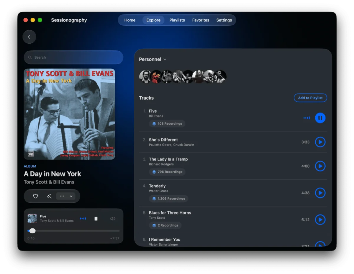 Sessionography app showing Tony Scott & Bill Evans album “A Day in New York” with track list including “Five”, “She’s Different”, “The Lady is a Tramp”, “Tenderly”, “Blues for Three Horns”, “I Remember You”.