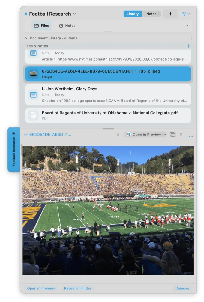 Screenshot of a ‘Football Research’ folder showing files and notes, with a preview of a crowded football stadium during a game.
