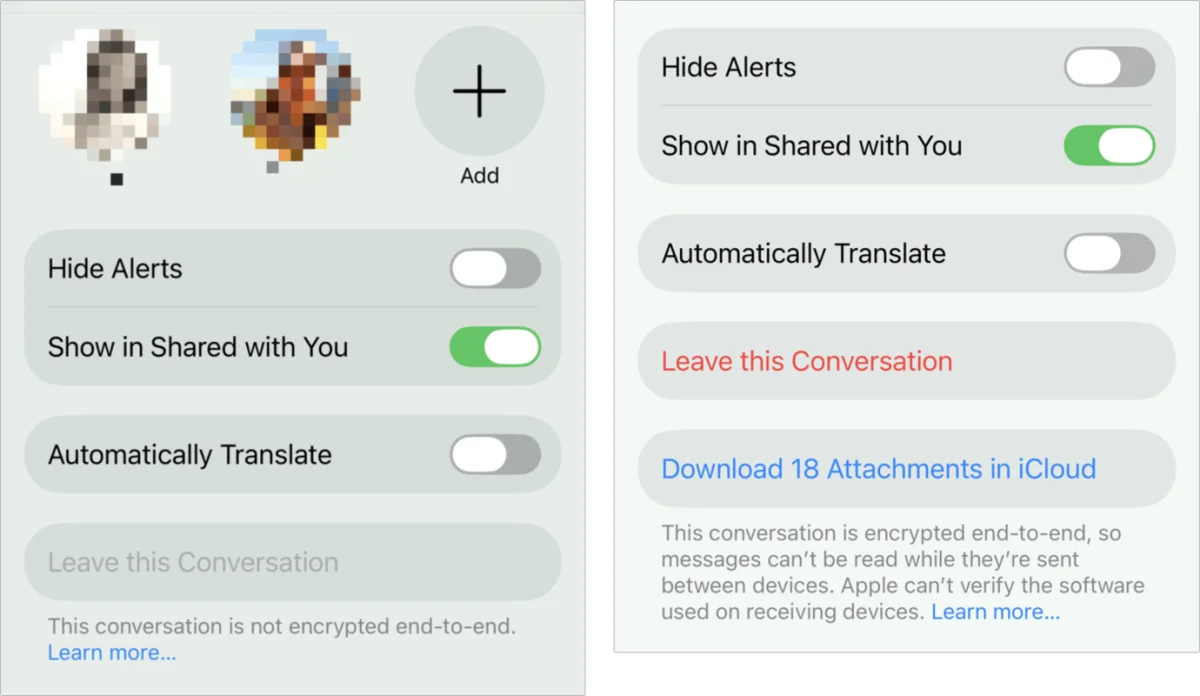 Side-by-side extracts from the Info pane in Messages conversations, with the one at left showing unencrypted RCS and the one at right showing end-to-end encrypted RCS.