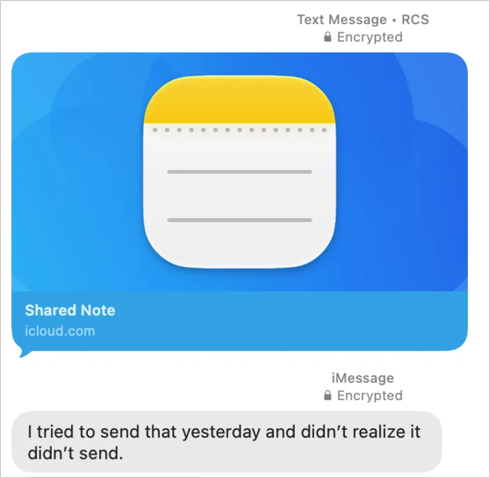 Screen capture of Messages conversations that switches from RCS Encrypted to iMessage encrypted via inline labels