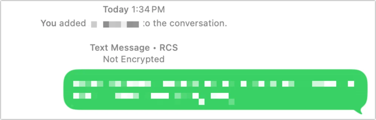 Screen capture of message switching to unencrypted RCS inline after adding someone to a group chat.
