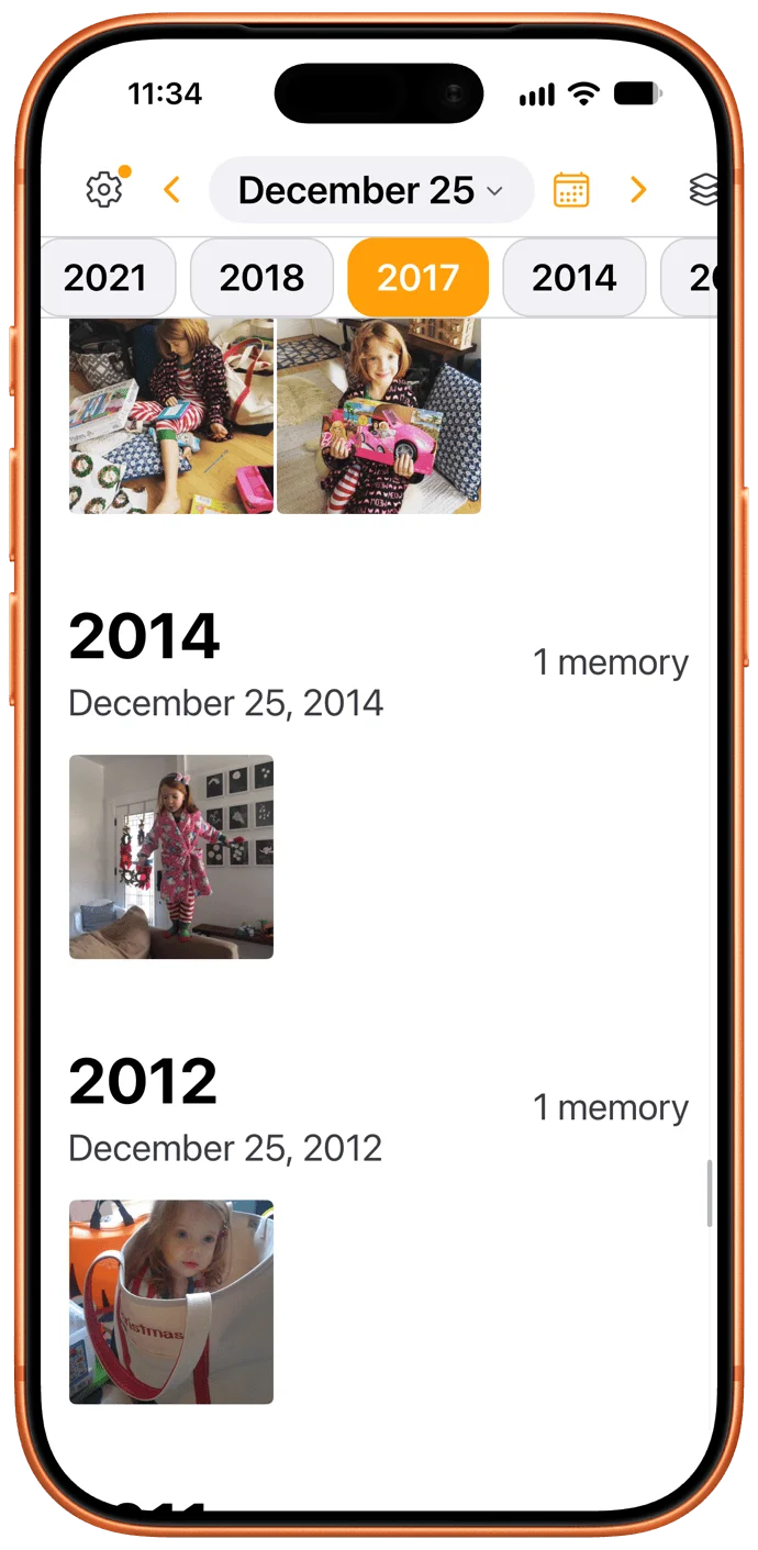 Screenshot of an iPhone memories app showing December 25 with year tabs (2021, 2018, 2017, 2014). Entries for 2014 and 2012 each show "1 memory" with a child's Christmas photo; the top shows two photos of a girl with toys.