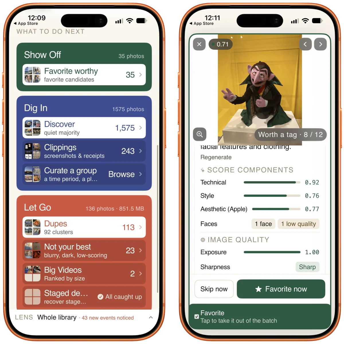 Two iPhone screenshots of a photo-library app. Left: "What to do next" with Show Off (35 photos), Dig In (1575) and Let Go (136 photos, 851.5 MB). Right: Count von Count puppet photo with score components: Technical 0.92, Style 0.76, Aesthetic 0.77.