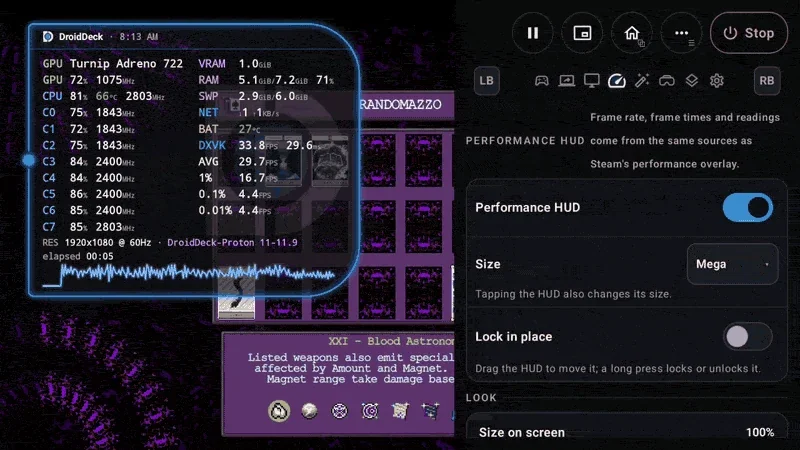 A paused frame shown as a grey card with a glass Resume button in DroidDeck