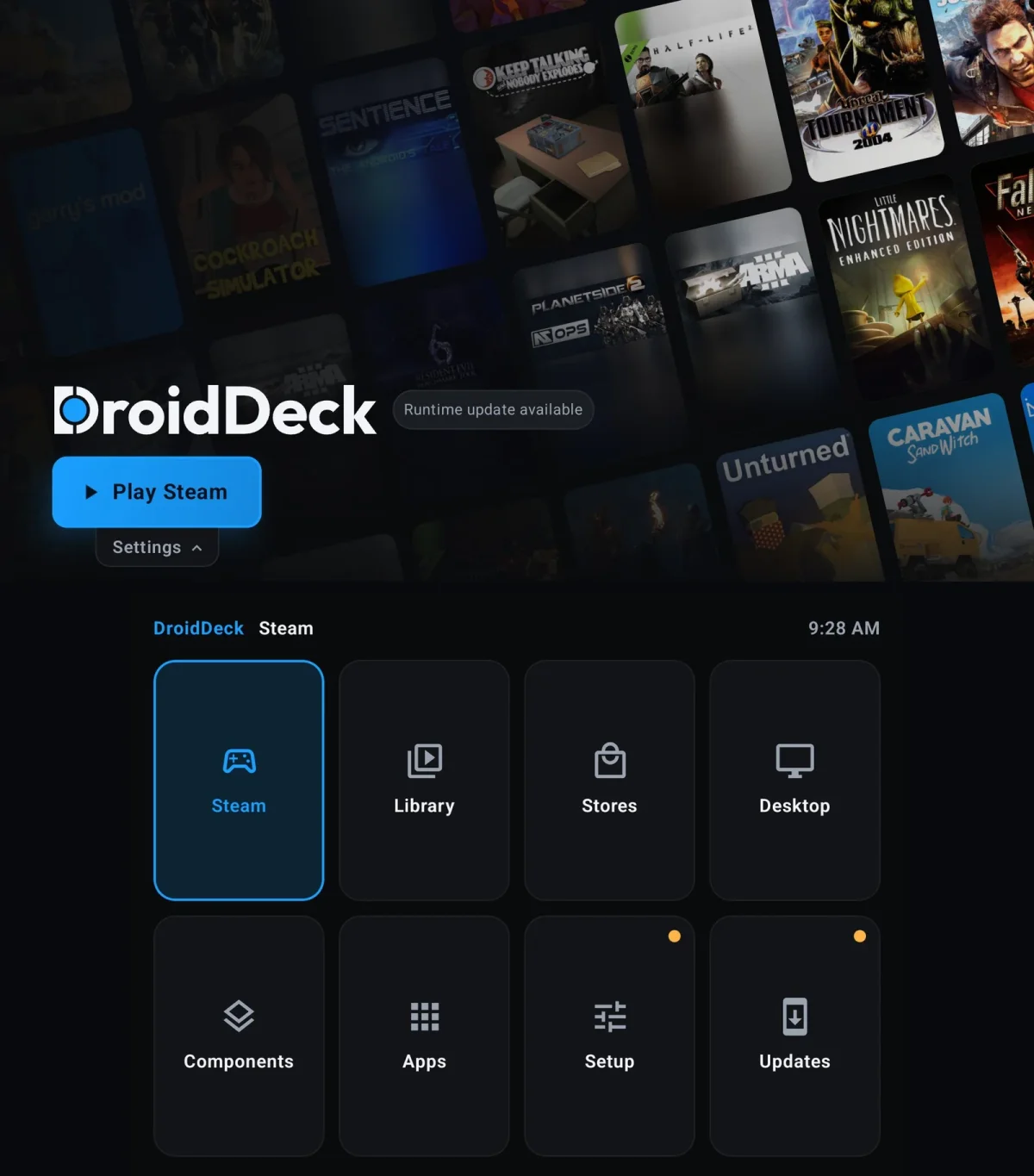 DroidDeck on a Retroid Pocket Duo with Steam home on the top screen and the section menu on the bottom screen