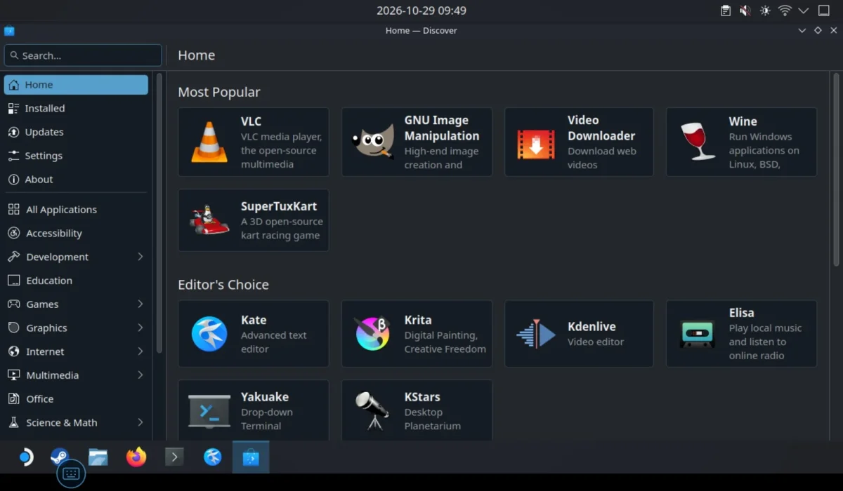 Discover listing apps from Ubuntu catalog on the Kubuntu Plasma desktop running inside DroidDeck