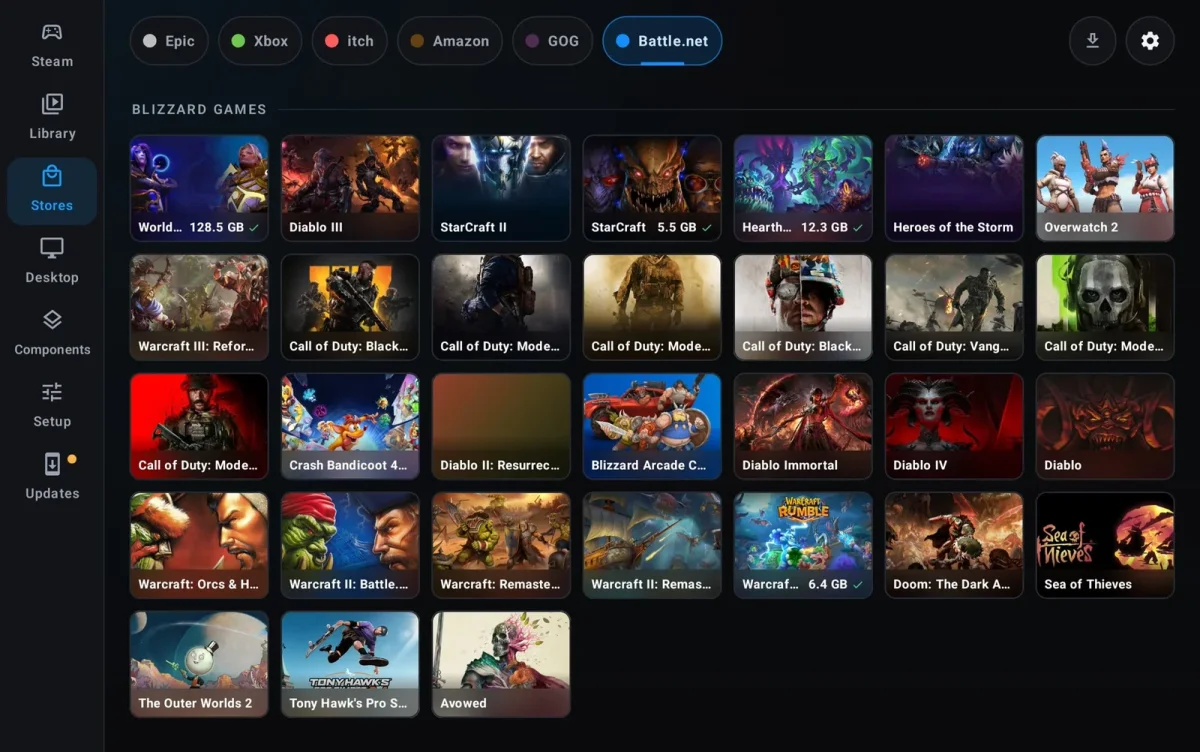 The Battle.net store catalog as a grid of Blizzard and partner games in DroidDeck