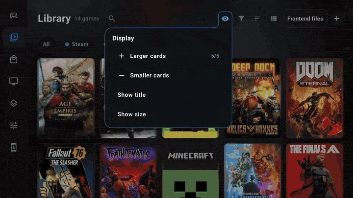 DroidDeck Library switching source chips, changing card size and opening the Filter menu