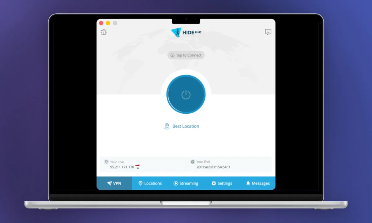 Hide.me VPN user interface on MacOS