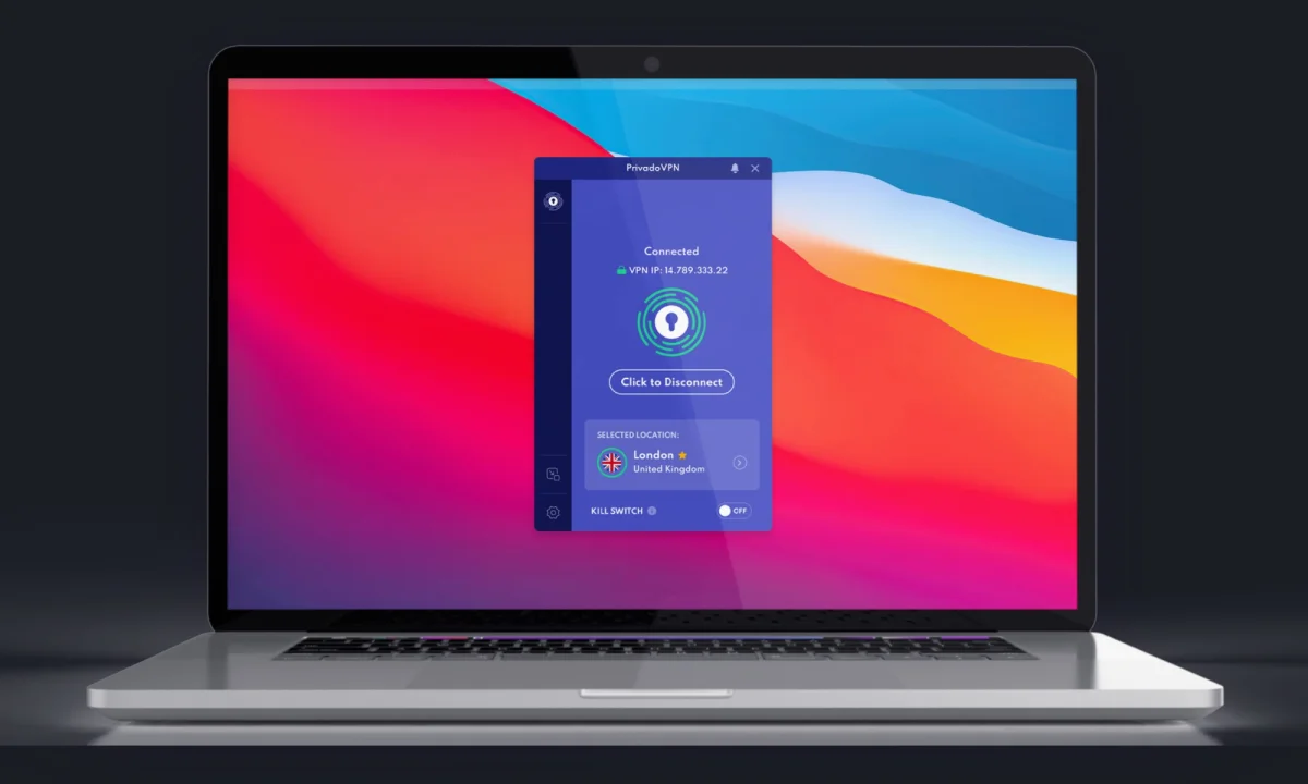 PrivadoVPN UI on a MacBook