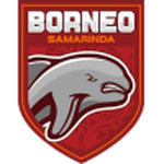 Logo resmi Borneo FC dengan warna oranye dan putih serta siluet Pesut Etam
